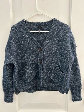 Cotton Merino Blend Navy Blue Chunky Cropped Cardigan